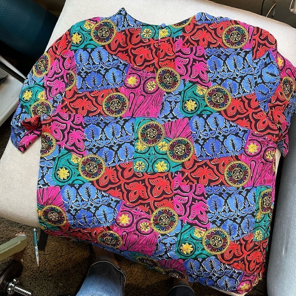 Vintage 80s 100% Silk Bright Colorful Print Sleeve, SZ L - Picture 7 of 12